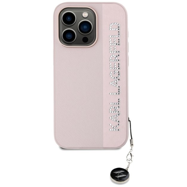 Karl Lagerfeld Saffiano Rhinestones &amp  Charm case for iPhone 15 Pro Max - pink 1