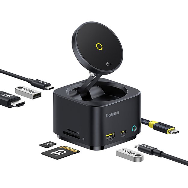 Baseus MagPro Series II 7-in-1 USB-C Hub with MagSafe-compatible Charger 15W + HDMI + USB-A + USB-C + SD/TF - Black