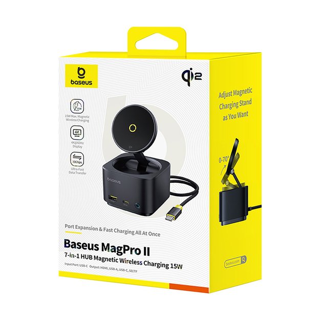 Baseus MagPro Series II 7-in-1 USB-C Hub with MagSafe-compatible Charger 15W + HDMI + USB-A + USB-C + SD/TF - Black 9