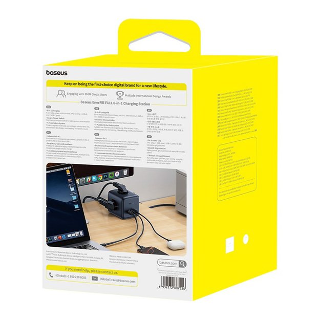 Baseus EnerFill FA11 67W Power Strip, USB-A + USB-C Cube + 3 x EU Socket 1.5m - Black 8