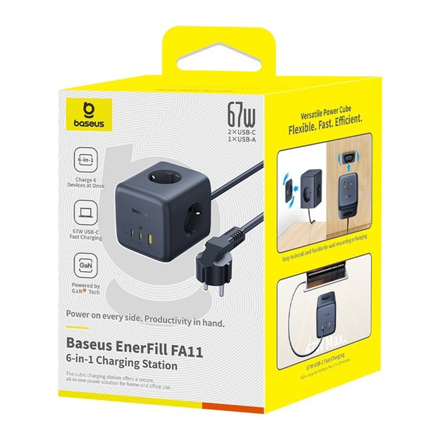 Baseus EnerFill FA11 67W Power Strip, USB-A + USB-C Cube + 3 x EU Socket 1.5m - Black 7