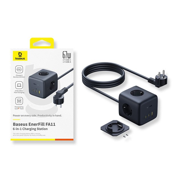Baseus EnerFill FA11 67W Power Strip, USB-A + USB-C Cube + 3 x EU Socket 1.5m - Black 4
