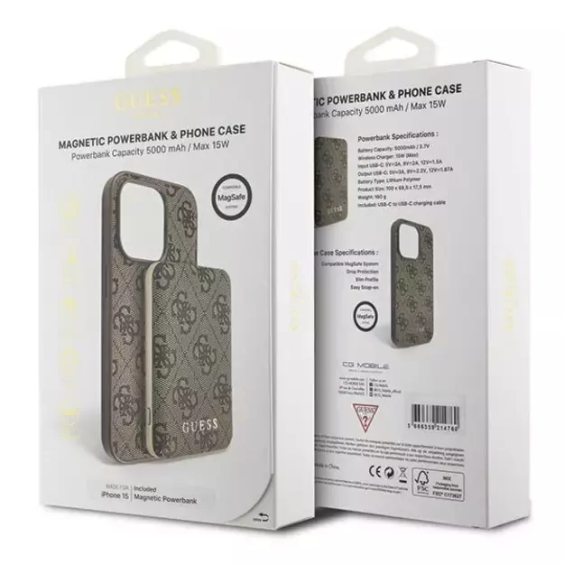 Guess 4G Metal Logo case set for iPhone 15 + 5000mAh MagSafe power bank - brown 19