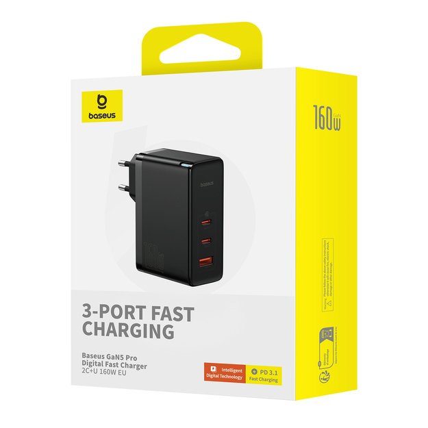 Baseus GaN5 Pro GaN charger 2x USB-C / USB-A 160W - black + USB-C - USB-C 240W cable - black 4