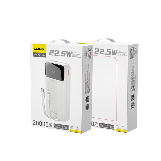 Dudao K15Pro Power Bank 20000mAh 22.5W PD USB-C / USB-A / Built-in Lightning and USB-C Cables - White 3