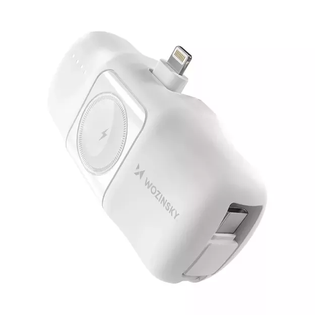 Wozinsky WF16-YLS 5000mAh 15W Lightning Mini Power Bank with Built-in USB-C Cable and Apple Watch Charger - White
