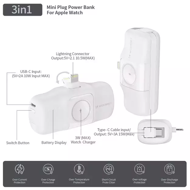 Wozinsky WF16-YLS 5000mAh 15W Lightning Mini Power Bank with Built-in USB-C Cable and Apple Watch Charger - White 11