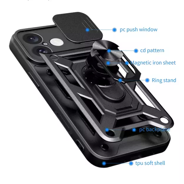 Hybrid Armor Camshield iPhone 16 Armored Case with Camera Cover and Stand - Black 16