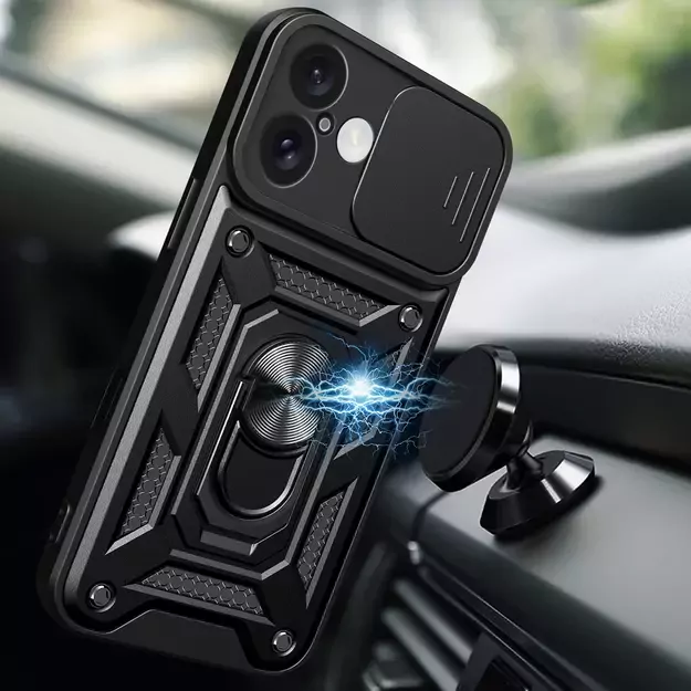 Hybrid Armor Camshield iPhone 16 Armored Case with Camera Cover and Stand - Black 11