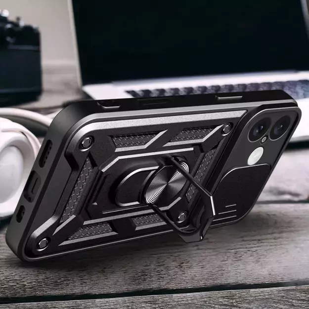 Hybrid Armor Camshield iPhone 16 Armored Case with Camera Cover and Stand - Black 14