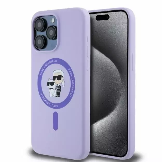 Karl Lagerfeld Silicone Karl&amp Choupette Heads Ring MagSafe Case for iPhone 15 Pro Max - Purple