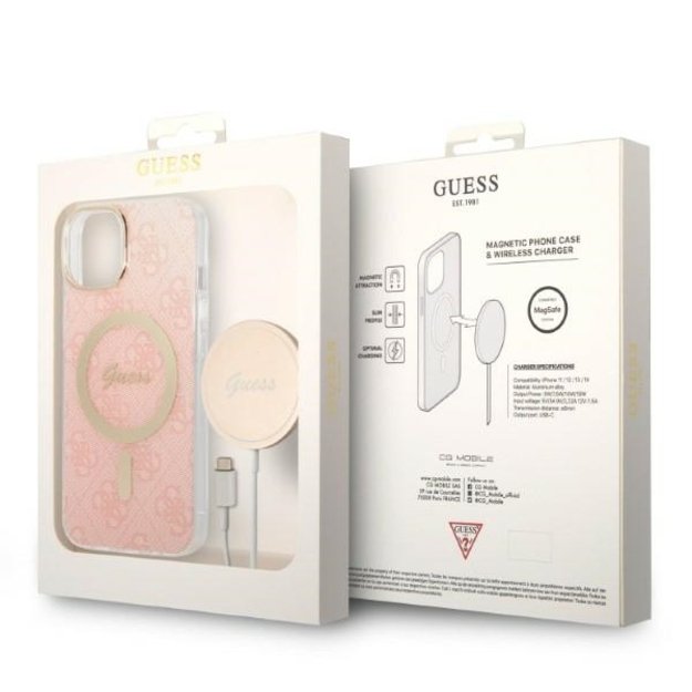 Set Guess GUBPP14SH4EACSP Case+ Charger iPhone 14 6.1  pink/pink hard case 4G Print MagSafe 1
