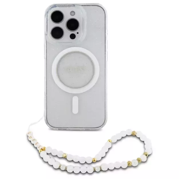 Guess IML Glitter With Pearl Strap MagSafe iPhone 16 Pro Case - Clear 7