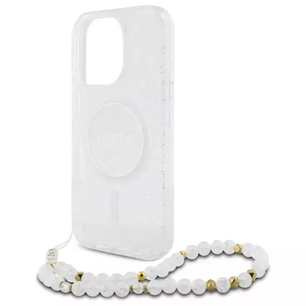 Guess IML Glitter With Pearl Strap MagSafe iPhone 16 Pro Case - Clear 10