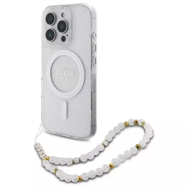 Guess IML Glitter With Pearl Strap MagSafe iPhone 16 Pro Case - Clear