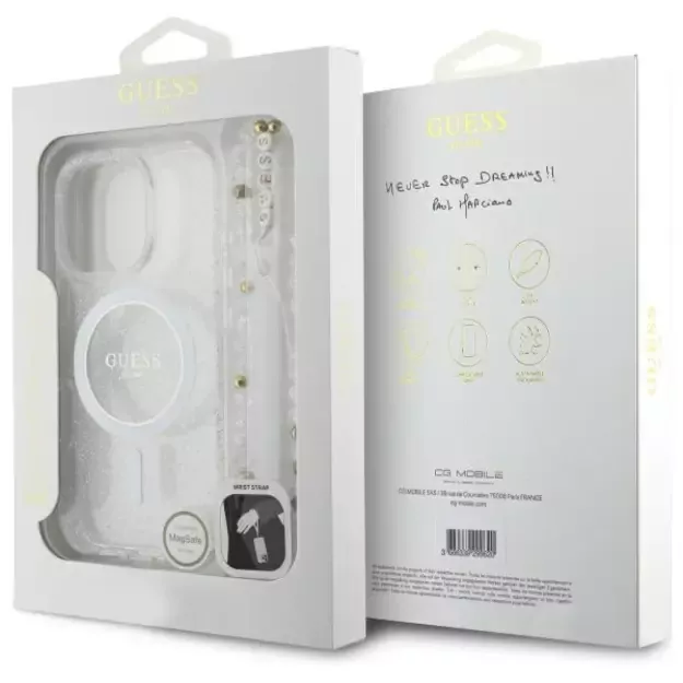 Guess IML Glitter With Pearl Strap MagSafe iPhone 16 Pro Case - Clear 12