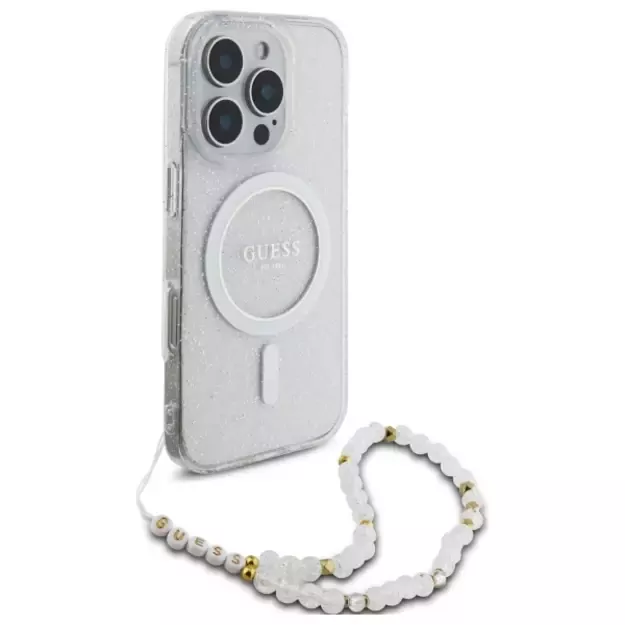 Guess IML Glitter With Pearl Strap MagSafe iPhone 16 Pro Case - Clear 8
