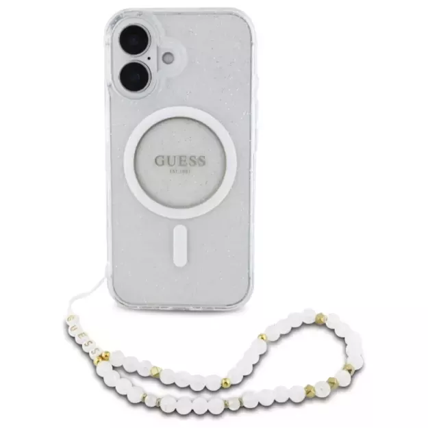 Guess IML Glitter With Pearl Strap MagSafe iPhone 16 Plus Case - Clear 1