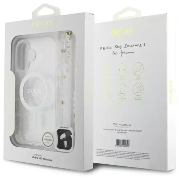Guess IML Glitter With Pearl Strap MagSafe iPhone 16 Plus Case - Clear 7