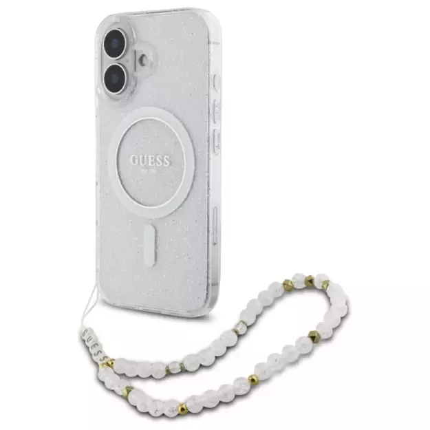 Guess IML Glitter With Pearl Strap MagSafe iPhone 16 Plus Case - Clear