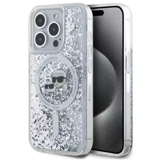 Karl Lagerfeld Liquid Glitter Karl &amp  Choupette Head Magsafe Case for iPhone 15 Pro Max - Clear