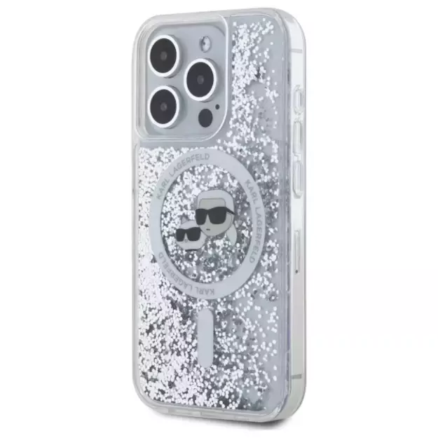 Karl Lagerfeld Liquid Glitter Karl &amp  Choupette Head Magsafe Case for iPhone 15 Pro Max - Clear 1