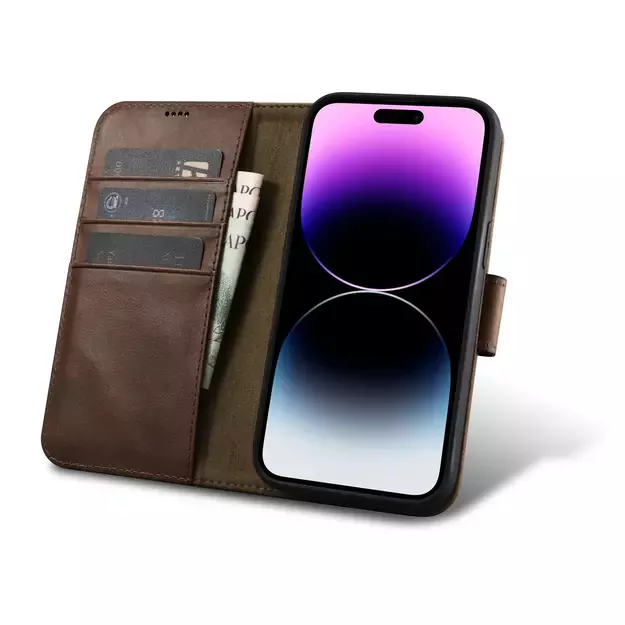iCarer Oil Wax Wallet Case 2in1 Cover iPhone 14 Pro Anti-RFID Leather Flip Case Brown (WMI14220722-BN) 14