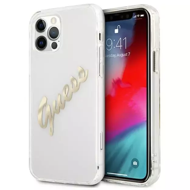 Guess GUHCP12LKTRSVGO iPhone 12 Pro Max 6.7&quot  Transparent hardcase Vintage Script Gold