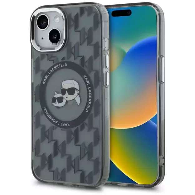 Karl Lagerfeld IML Monogram Karl &amp  Choupette Head MagSafe iPhone 15 Case - Black