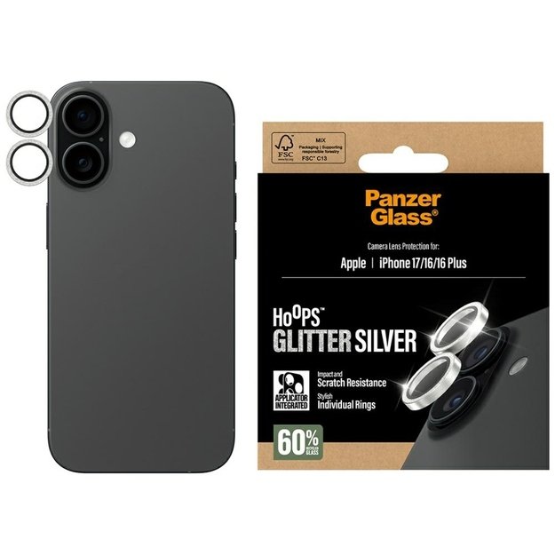 PanzerGlass Hoops Glitter Tempered Glass Lens Screen Protector for iPhone 17 / 16 / 16 Plus - Silver