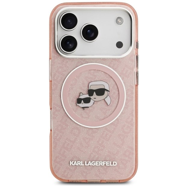 Karl Lagerfeld IML Glitter Karl &amp  Choupette Heads Logo MagSafe Case for iPhone 17 Pro - Pink 2