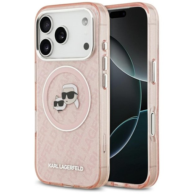 Karl Lagerfeld IML Glitter Karl &amp  Choupette Heads Logo MagSafe Case for iPhone 17 Pro - Pink