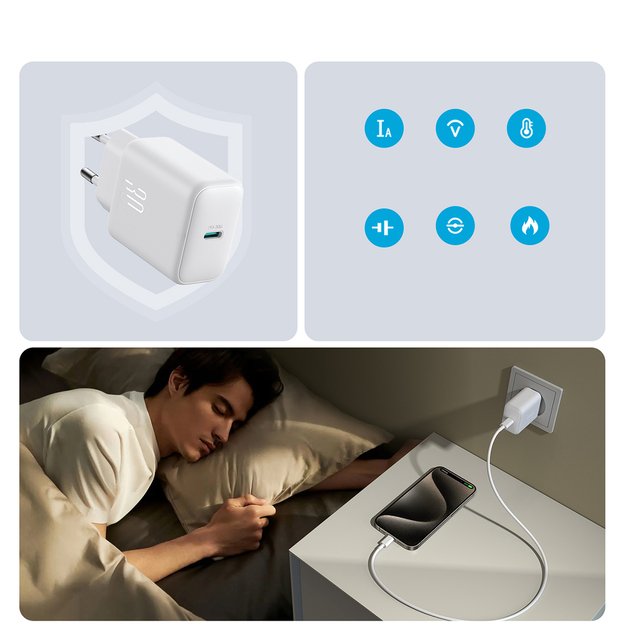 Joyroom JR-TCF24 USB-C PD 30W QC SFC network charger - white + 1m USB-C cable 10