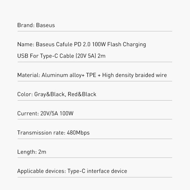 Baseus CATKLF-AL91 USB-C - USB-C PD QC cable 100W 5A 480Mb/s 2m - black and red 19