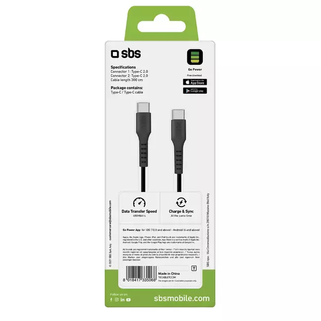 SBS TECABLETCC3M USB-C - USB-C 3m Cable - Black 2