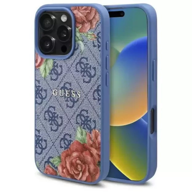Guess 4G Flowers Print MagSafe case for iPhone 16 Pro Max - blue