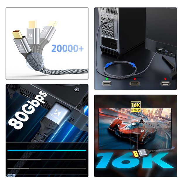 Wozinsky WPS-16AYL2S DisplayPort 2.1 Cable VESA Certified 80 Gb/s 16K@60Hz 8K@120Hz 4K@240Hz HDR HDCP DSC 2m - Black 2