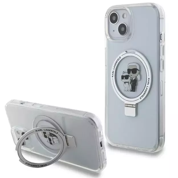 Karl Lagerfeld KLHMP15SHMRSKCH iPhone 15 / 14 / 13 6.1&quot  white/white hardcase Ring Stand Karl&amp Choupette MagSafe