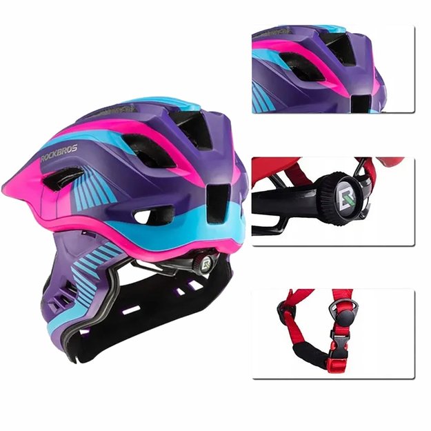 Rockbros TT-32SBPP-S children' s bicycle helmet with detachable chinbar, size S - purple-pink 4