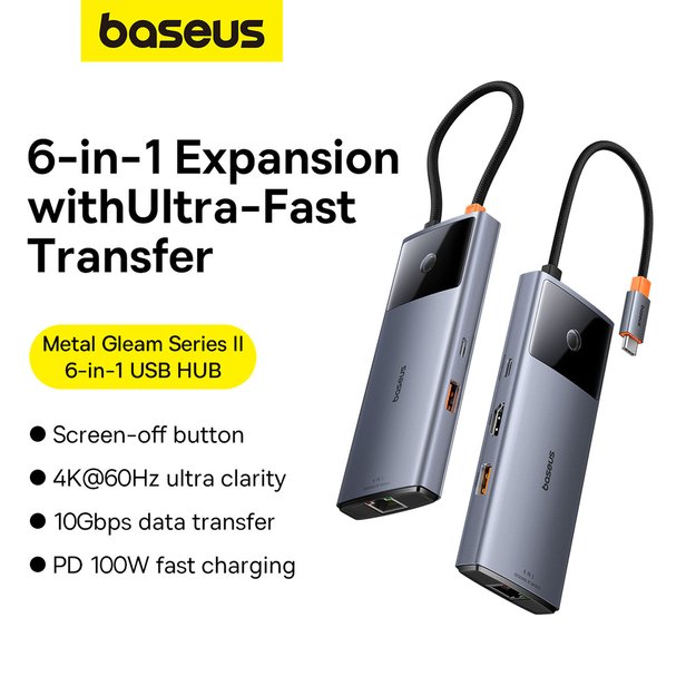 USB HUB 6in1 Baseus Metal Gleam Series II USB-A/USB-C/USB-C PD/HDMI/RJ45 - black 11
