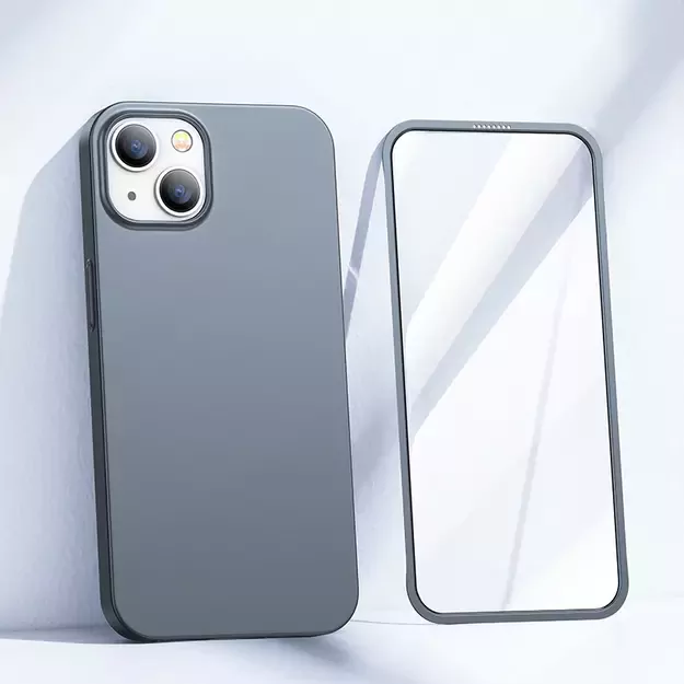 Joyroom 360 Full Case front and back cover for iPhone 13 + tempered glass screen protector grey (JR-BP927 tranish) 7