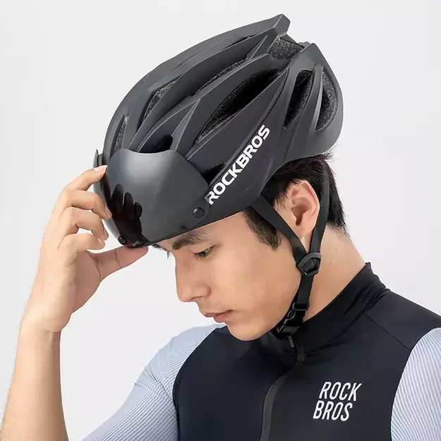 Rockbros Bike Helmet with Visor, Detachable UV Protective Goggles, Unisex - Black/Brown 3