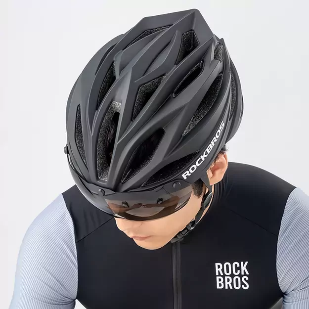 Rockbros Bike Helmet with Visor, Detachable UV Protective Goggles, Unisex - Black/Brown 4