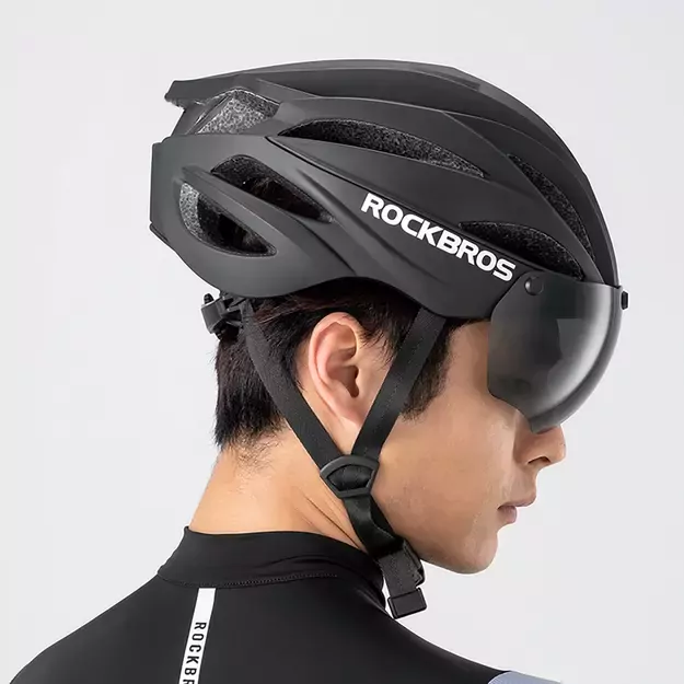 Rockbros Bike Helmet with Visor, Detachable UV Protective Goggles, Unisex - Black/Brown 2