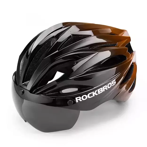 Rockbros Bike Helmet with Visor, Detachable UV Protective Goggles, Unisex - Black/Brown