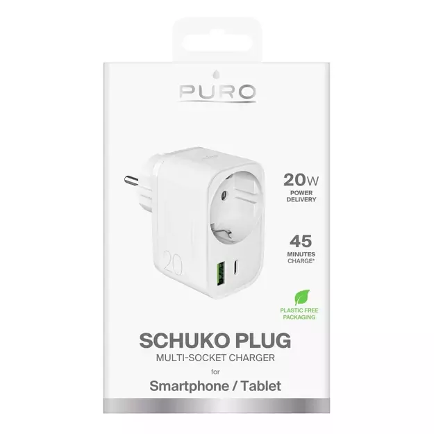 Puro 20W Power Delivery Charger with Schuko Plug and Socket 1x USB-C + 1x USB-A - White 1