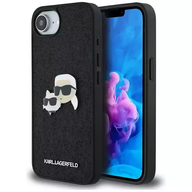 Karl Lagerfeld Fixed Glitter Karl&amp Choupette Heads Metal Pin iPhone 16e Case - Black