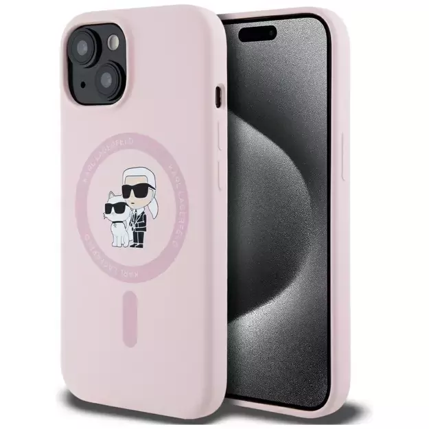Karl Lagerfeld Silicone Karl&amp Choupette MagSafe iPhone 15 Plus Case - Pink