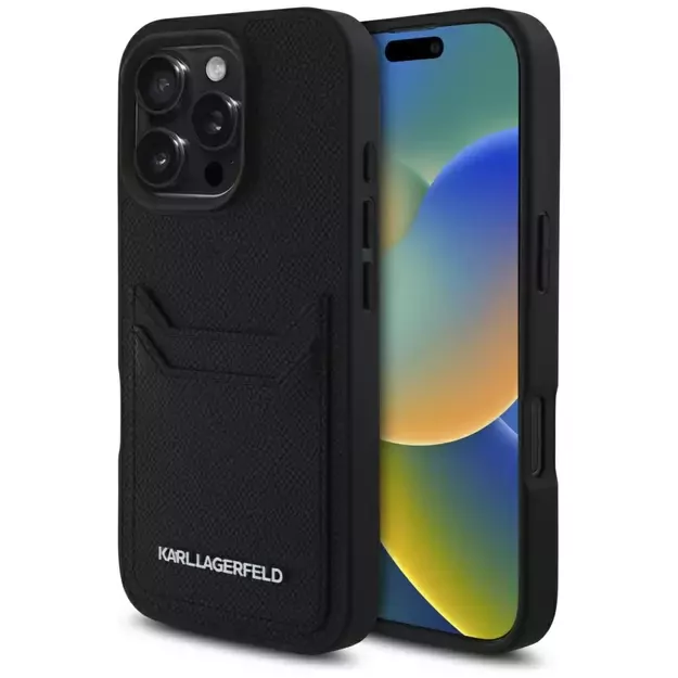 Karl Lagerfeld HC Grained PU Cardslot Metal Elong Case for iPhone 16 Pro Max - Black