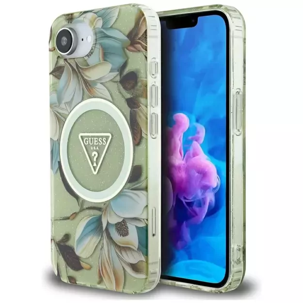Guess IML Metal Glitter Flowers Triangle MagSafe iPhone 16e Case - Green